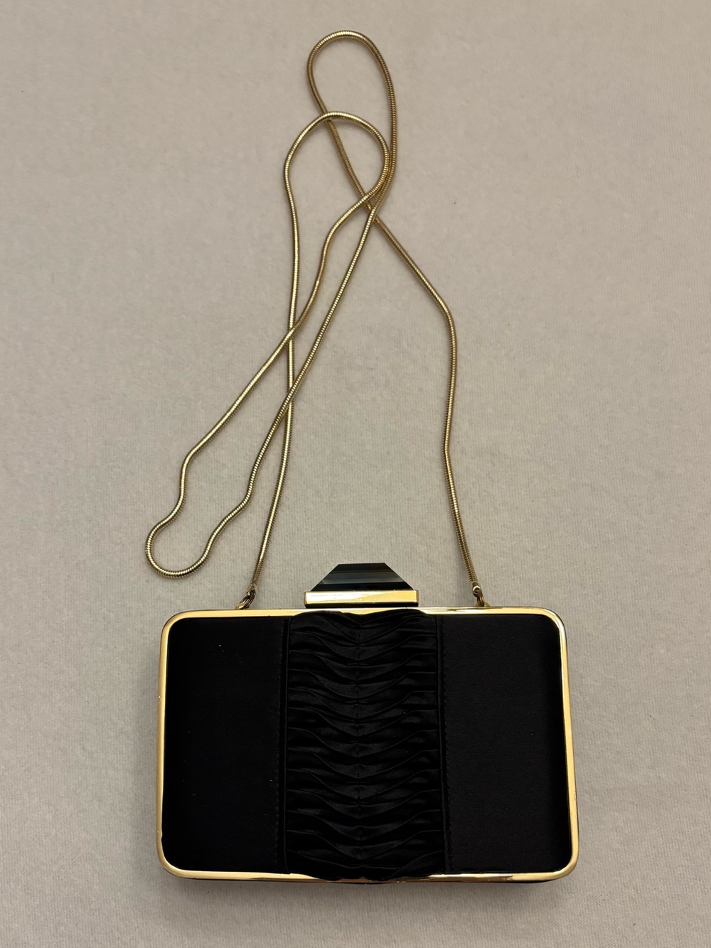 Franchi Black Silk Evening Clutch with Gold Trim & Faux Jewel on Top